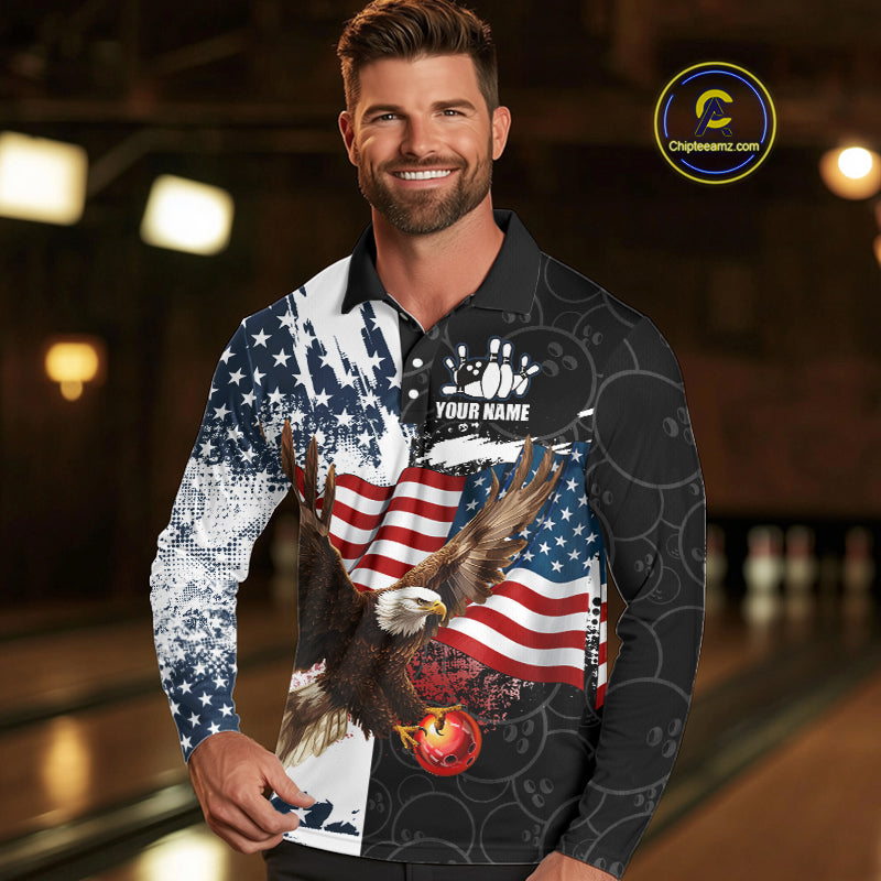 Red, White, Blue American Flag Eagle Men Bowling Shirt Custom Patriotic Black Camo Bowling Team Jersey NQS9863