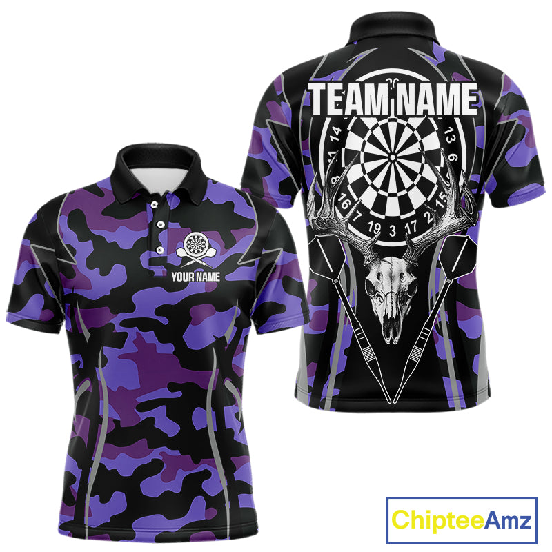 Deer Skull Darts Board Purple Camo Darts Polo, Quarter zip Shirts For Men Custom Team Darts Jersey NQS9935