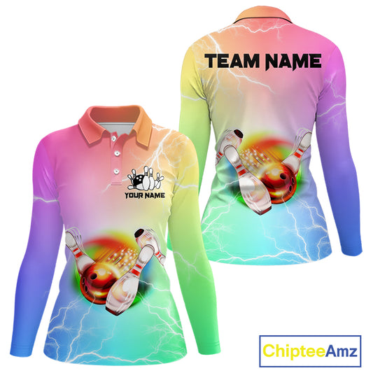 Gradient colorful rainbow lightning thunder storm Bowling Shirts for Women Custom Team Bowling jerseys NQS9941