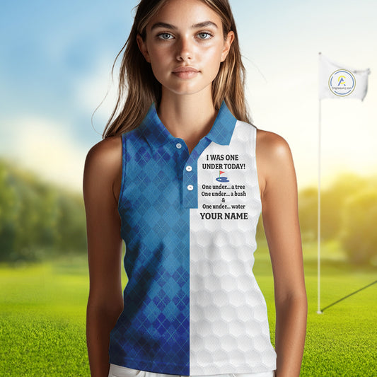 Blue white Womens Sleeveless polo shirt custom I was one under today one under a tree, a bush & water NQS10090