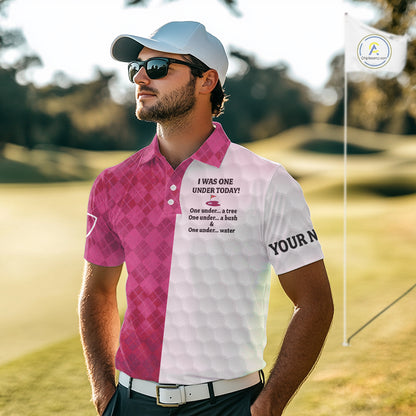 Pink argyle white Men golf polo shirt custom I was one under today one under a tree, a bush and water NQS10091