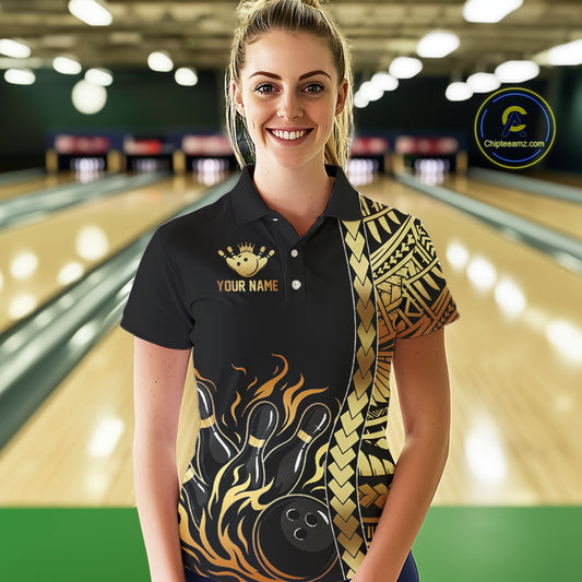 Custom Black And Gold Flame tribal pattern Bowling Team Polo, 1/4 Zip Shirt For Women, Bowling Jersey NQS10093