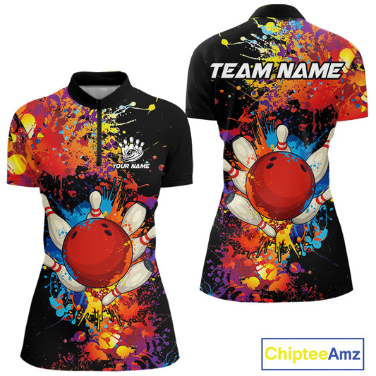 Colorful bowling jerseys Bowling Polo, 1/4 Zip Shirt for Women Custom Bowling Team shirts for bowlers NQS10416
