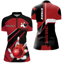 Load image into Gallery viewer, Black and red Bowling polo, quarter zip shirt for Women Custom Flame bowling ball pins uniform shirt NQS8671