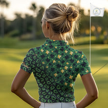 Load image into Gallery viewer, Green and Gold Clover glitter leopard St Patrick's day pattern custom shamrock Women golf polo shirts NQS11423