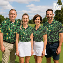 Load image into Gallery viewer, Green and Gold Clover glitter leopard St Patrick's day pattern custom shamrock Mens golf polo shirts NQS11423