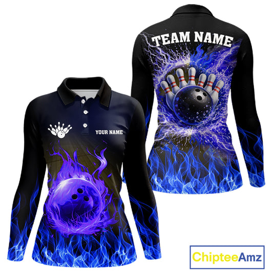 Black and Blue Flame Lightning Thunder Bowling Jersey for Women custom Bowling Team League Shirts NQS11425