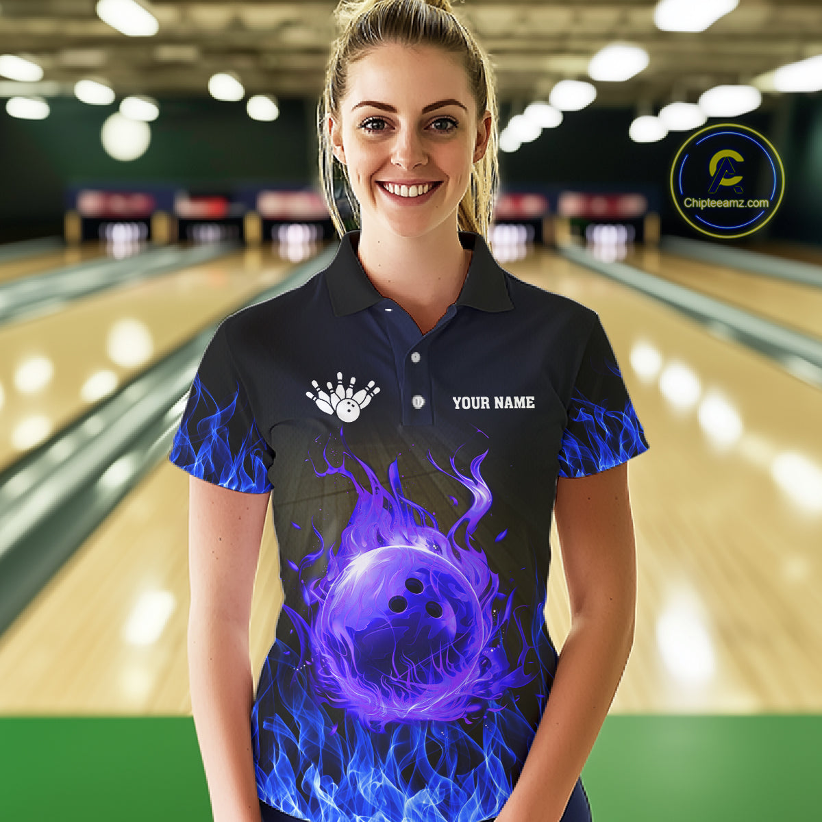 Black and Blue Flame Lightning Thunder Bowling Jersey for Women custom Bowling Team League Shirts NQS11425