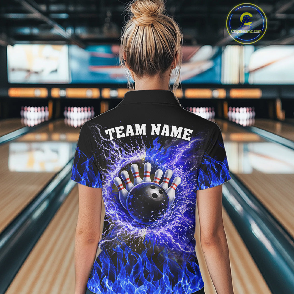 Black and Blue Flame Lightning Thunder Bowling Jersey for Women custom Bowling Team League Shirts NQS11425