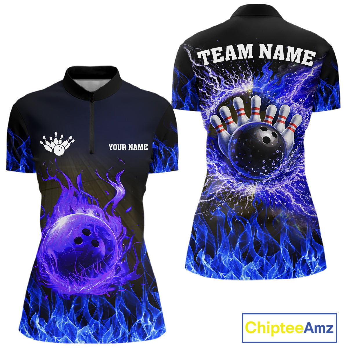 Black and Blue Flame Lightning Thunder Bowling Jersey for Women custom Bowling Team League Shirts NQS11425