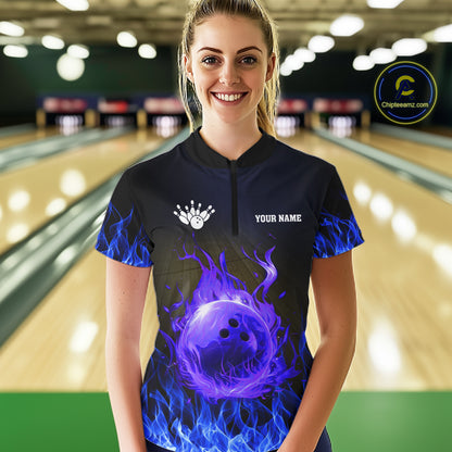 Black and Blue Flame Lightning Thunder Bowling Jersey for Women custom Bowling Team League Shirts NQS11425
