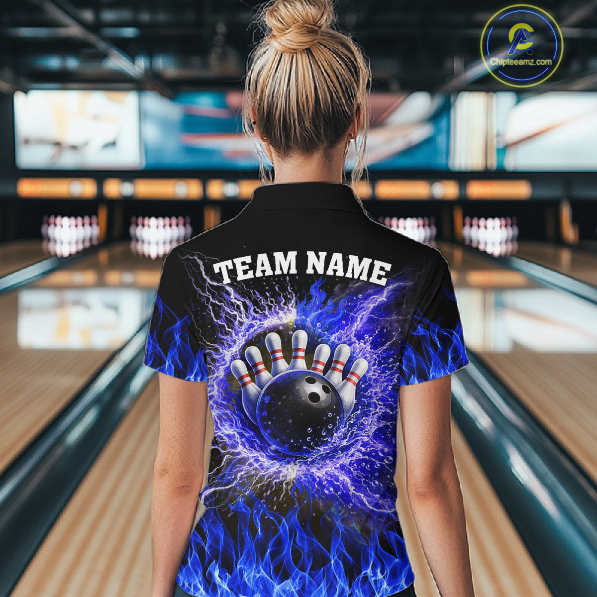 Black and Blue Flame Lightning Thunder Bowling Jersey for Women custom Bowling Team League Shirts NQS11425