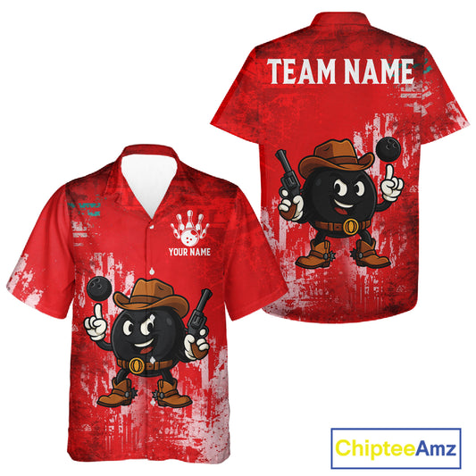 Custom Funny Cowboy Gunster Bowling Button-up Shirts, Bowling Team League Jerseys | Red NQS11625
