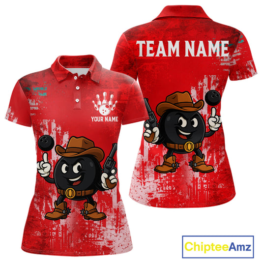 Custom Funny Cowboy Gunster Bowling Polo, 1/4 zip Shirts For Women, Bowling Team League Jerseys | Red NQS11625