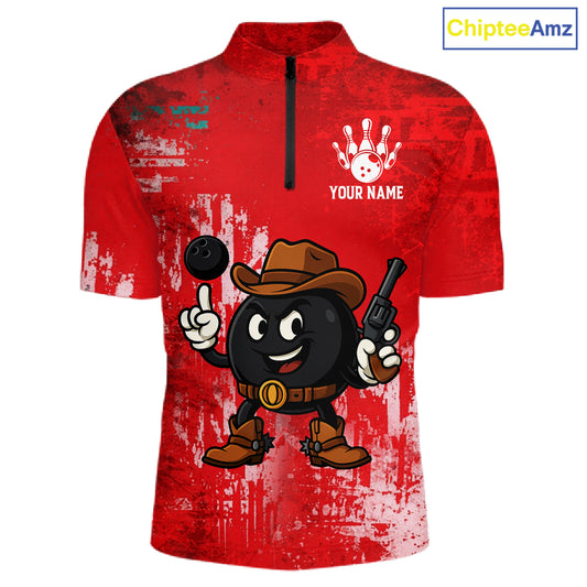 Custom Funny Cowboy Gunster Bowling Polo, 1/4 zip Shirts For Men, Bowling Team League Jerseys | Red NQS11625