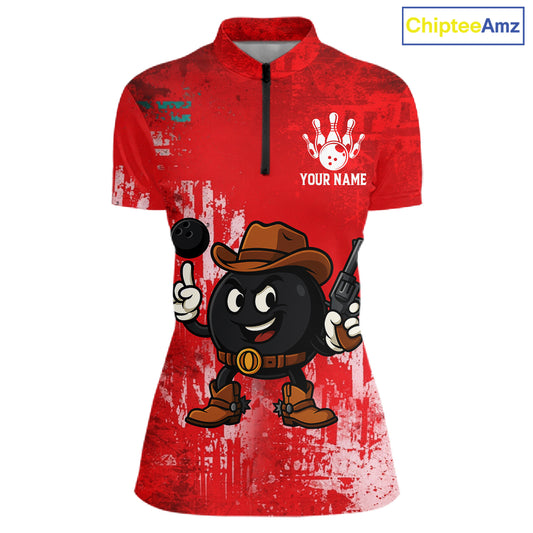 Custom Funny Cowboy Gunster Bowling Polo, 1/4 zip Shirts For Women, Bowling Team League Jerseys | Red NQS11625