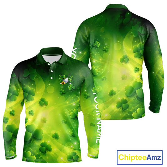 Green clover pattern St Patrick's Day Mens Golf Polo Shirts Custom Shamrock Golf outfit For Men NQS11628