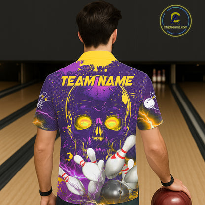 Purple and Yellow Lightning Thunder Storm Skull Bowling Button-up Shirt Custom Bowling Team Jerseys NQS11730
