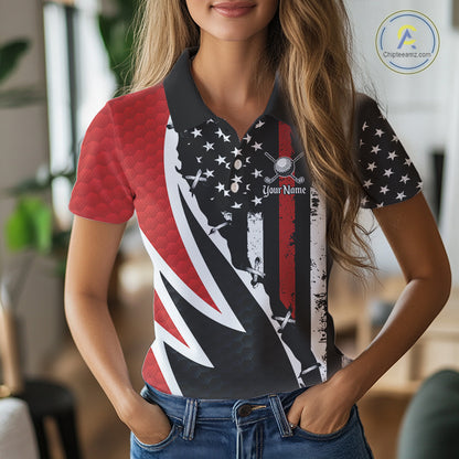 Red, White and Black American Flag Women Golf polo shirt Custom Patriotic Team Golf attire for ladies NQS10430