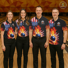 Load image into Gallery viewer, American Flag Flame bowling polo, quarter zip shirts for Women Custom patriotic team bowling jerseys NQS11432
