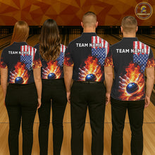 Load image into Gallery viewer, American Flag Flame bowling polo, quarter zip shirts for Women Custom patriotic team bowling jerseys NQS11432