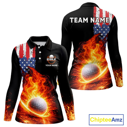 American Flag Flame Golf Polo shirts for Women Custom patriotic team Golf jerseys, ladies golf outfit NQS11433
