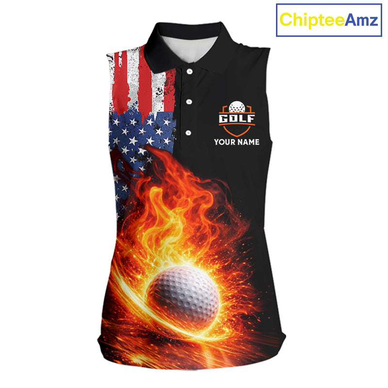 American Flag Flame Ladies sleeveless golf tops Custom patriotic team Golf jersey, ladies golf outfit NQS11433