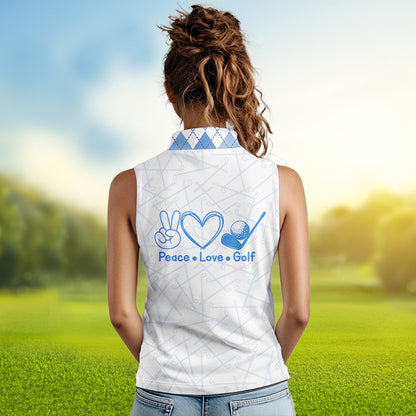 Blue argyle pattern Women Sleeveless polo shirt custom peace love golf jersey, ladies golf attire NQS9506