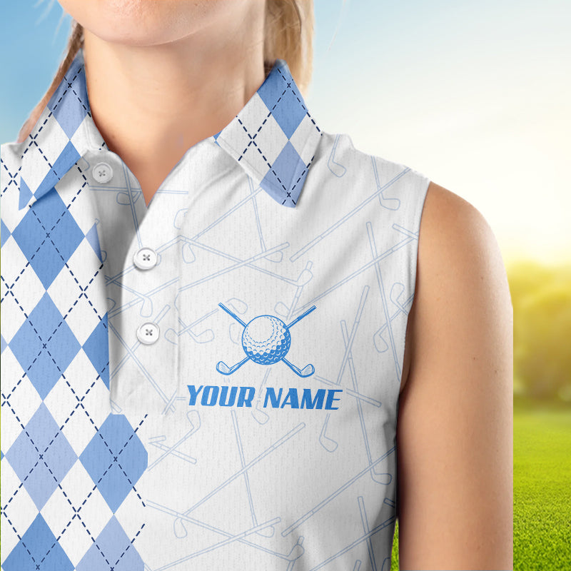 Blue argyle pattern Women Sleeveless polo shirt custom peace love golf jersey, ladies golf attire NQS9506