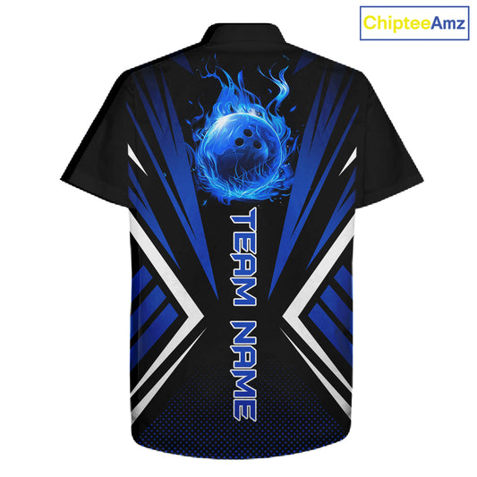 Black and Blue Flame Button-up bowling shirts, Team Bowling Jersey Custom bowling attire NQS11634