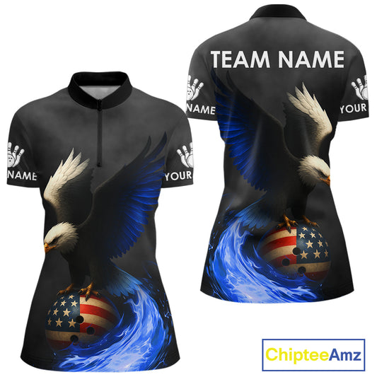 Black and White Eagle Blue Flame American Flag Bowling Shirt For Women Custom Team Bowling Jersey NQS10857