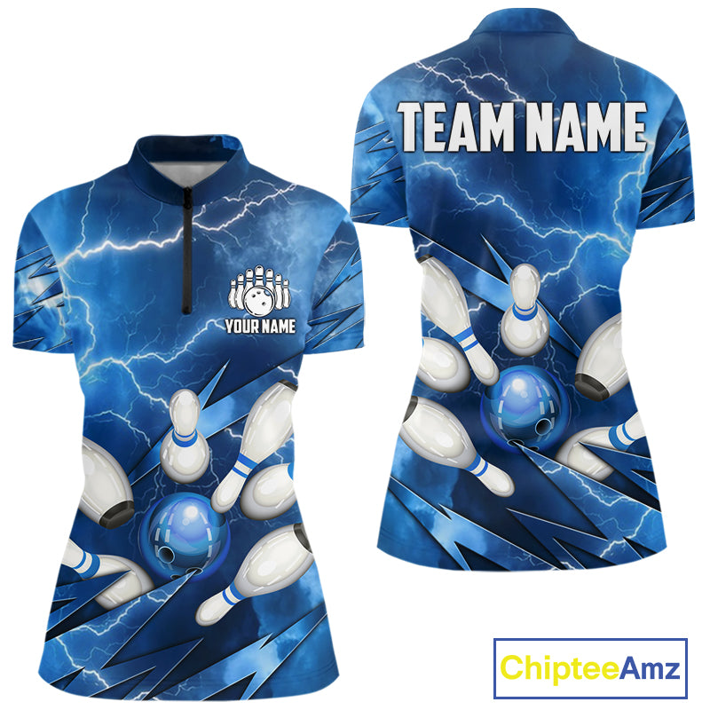 Blue Lightning Thunder Bowling Shirts For Women Custom Bowling Team League Jersey, Gift For Bowlers NQS10860