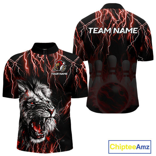 Black and Red Lightning Thunder Lion Bowling Shirt For Men Custom Lion Bowling Team Jerseys NQS11046