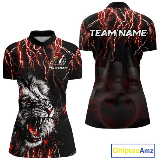 Black and Red Lightning Thunder Lion Bowling Shirt For Women Custom Lion Bowling Team Jerseys NQS11046