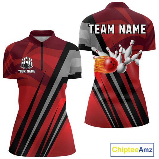 Red Camo Flame Women Bowling Polo, Quarter Zip Shirts Custom Team Jerseys bowling outfits for ladies NQS11048