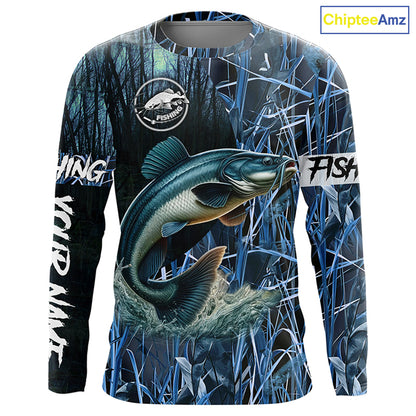 Catfish fishing blue camouflage fishing clothing Custom UV protection performance fishing shirt NQS2614
