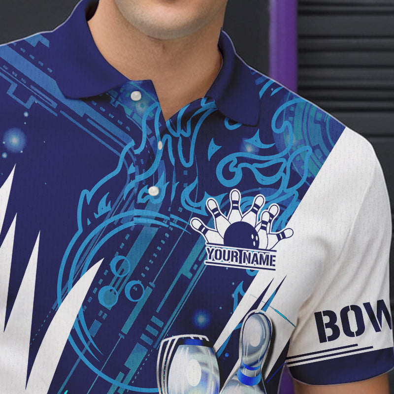 Blue and White Custom Flame Bowling Polo, Quarter-Zip Shirts For Men, Team Bowling League Jersey NQS9679