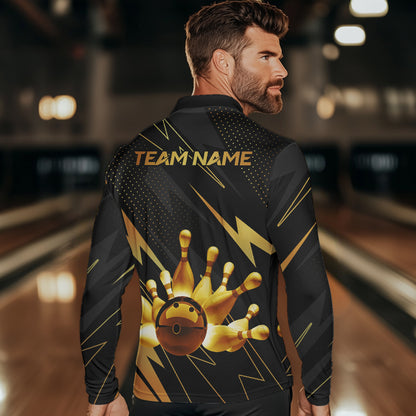 Custom Black and Gold Bowling Polo, Quarter Zip Shirts for Men, Team Bowling League Jersey NQS9682