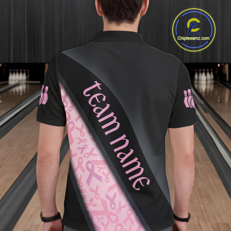 Black and Pink Ribbon Breast cancer Bowling Polo, 1/4 Zip Shirt for Men Custom Bowling Team Jersey NQS9961