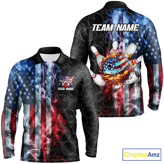 Smoke American Flag Flame Bowling camo Custom Patriotic Bowling Shirts For Men, Bowling Team Jerseys NQS8241