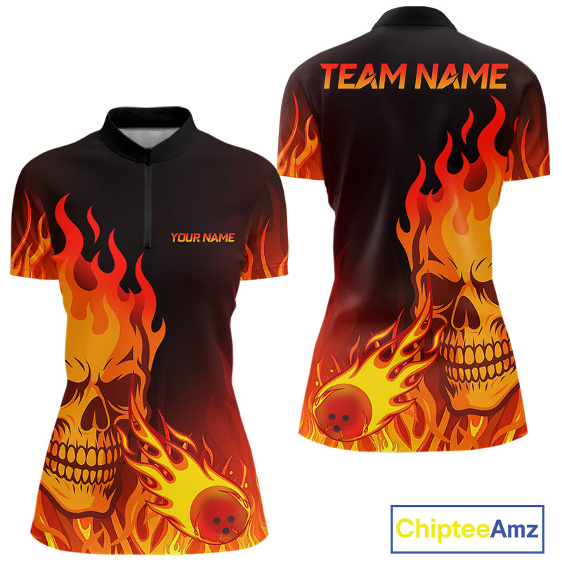 Flame Skull Bowling Polo, Quarter Zip Shirts for Women Custom Skull Fire Bowling Team Outfit Uniform NQS10444