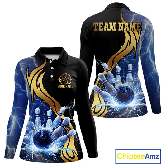 Custom Blue Lightning thunder and Gold Bowling Team Jerseys, Personalized Bowling Shirts for Women NQS10447