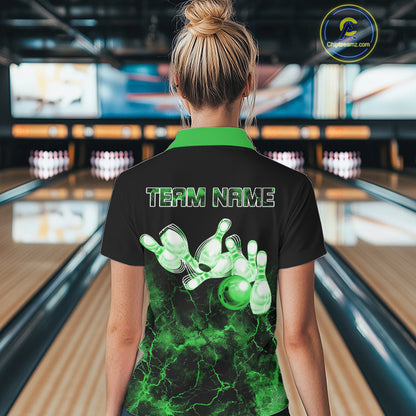 Personalized Women's bowling shirts Green lightning Bowling Ball Pins bowling jerseys for Bowler NQS10635