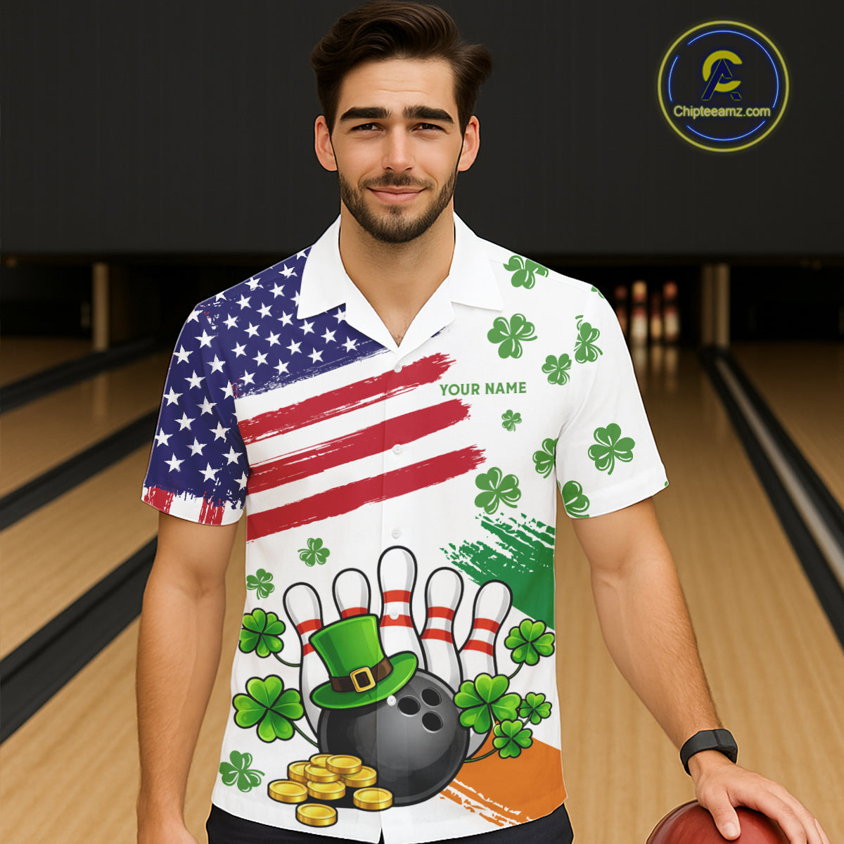 American Flag St Patrick's Day Clover Bowling Hawaiian shirts Custom team bowling button up shirt NQS11452