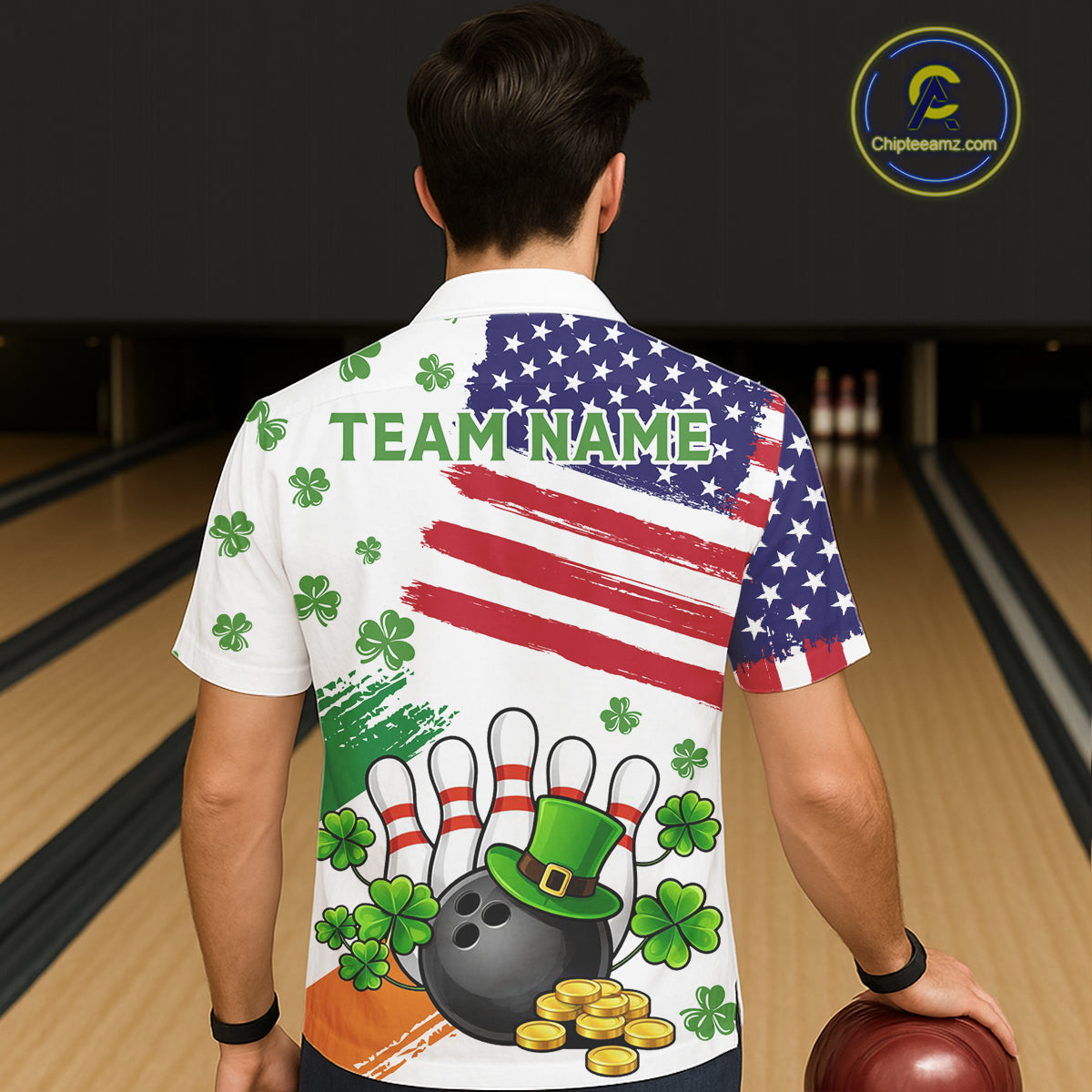 American Flag St Patrick's Day Clover Bowling Hawaiian shirts Custom team bowling button up shirt NQS11452