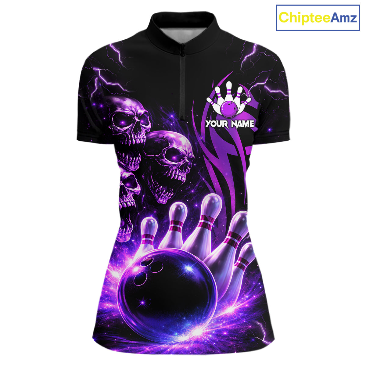 Custom Black and Purple Lightning Thunder Skull Dragon Bowling Shirts For Women, Team Bowling Jerseys NQS11641