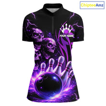 Load image into Gallery viewer, Custom Black and Purple Lightning Thunder Skull Dragon Bowling Shirts For Women, Team Bowling Jerseys NQS11641