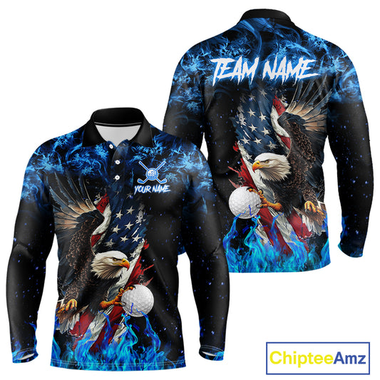 Blue Flame American Flag Eagle golf polo shirts for Men Custom patriotic mens golf outfit NQS11644