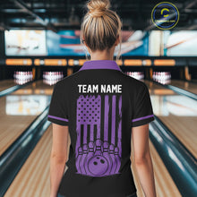 Load image into Gallery viewer, Custom Black and Purple American Flag Retro Bowling Team Shirts For Women, Patriotic Bowling Outfits NQS11650