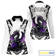 Load image into Gallery viewer, Black and White Bowling Polo, Quarter Zip Shirts For Women Custom Purple Dragon Bowling Team Jerseys NQS11740